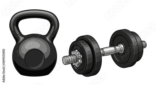 Black kettlebell and dumbbell weights for fitness training.
