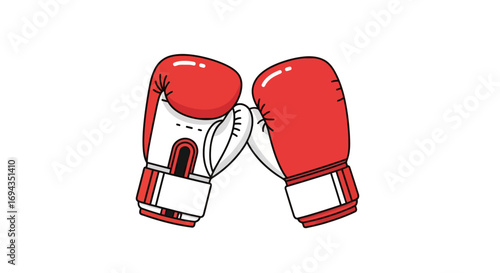 Two red and white boxing gloves touching each other against a white background, suggesting a fight or competition.