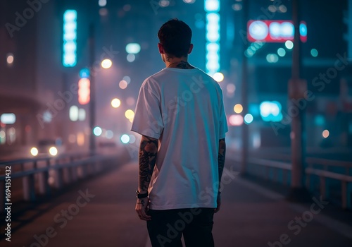 A man in a white t-shirt walking on a brightly lit street at night.