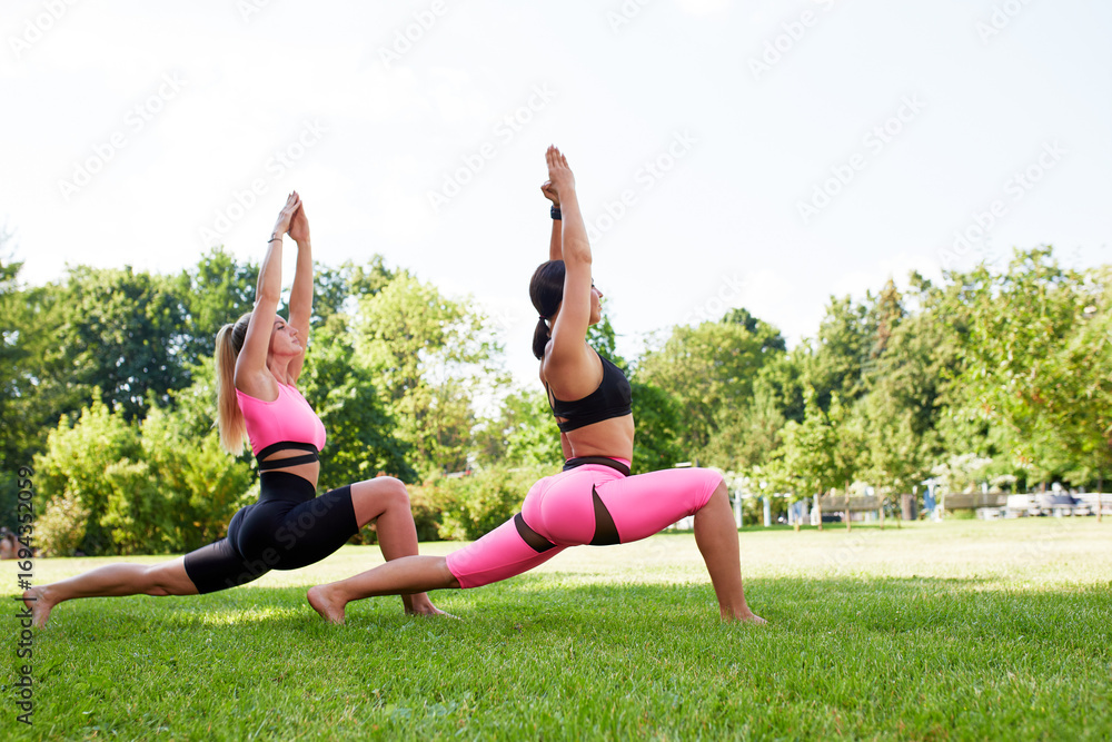 Fototapeta premium Two young women practice yoga in summer park. Slender caucasian girls in pink-black bodysuits doing exercises to strengthen their body and spirit. Morning gymnastics in fresh air. Healthy lifestyle.