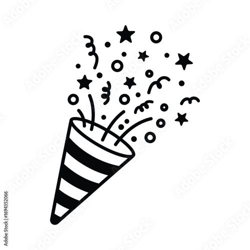 Party Popper Icon – Celebration Vector with Confetti, Streamers, and Festive Elements in Minimalist Style