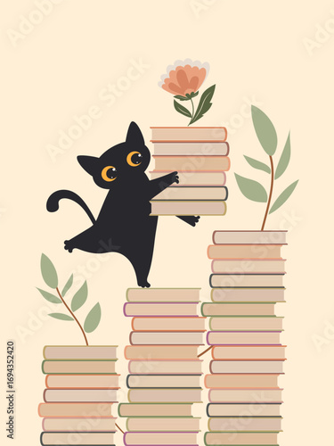 Black cute cat holds a stack of books and with each book he reads he gains more knowledge and vocabulary. Vector.