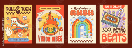 Retro hippie y2k groovy stickers. Vector set of retro patches bursting with nostalgia. Vivid funky roller skates, psychedelic eye flames, rainbow and vintage cassette tape with feel good 70s 80s vibes