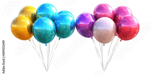 Assortment of Colorful Metallic Balloons Tied Together on White Background blur real isolated on a transparent background