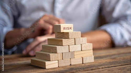 Proactive risk management with hand placing wooden block pyramid structure, stacking wooden blocks pyramid shape for business