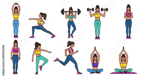 fitness woman character set, flat vector illustration, sportswear, multiple workout poses and exercises, modern clean style