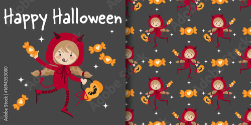 Halloween banner and seamless pattern. Little girl in red devil costume holding Halloween basket and candies with Happy Halloween text on black background with white stars.