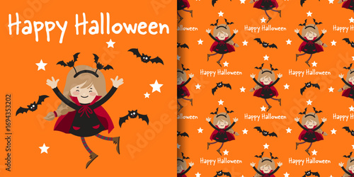 Halloween banner and seamless pattern. Little girl in Vampire costume with red cloak and bat headband with Happy Halloween text, bats and white stars on orange background.