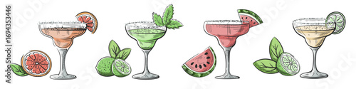 Cocktails margarita hand drawn set isolated on white background. Vintage sketchs of alcoholic colorful party cocktails. Vector illustration