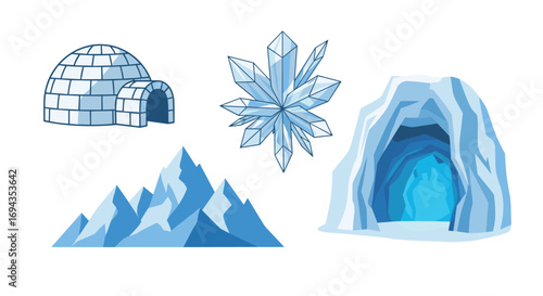 Discover a winter wonderland with this collection of icy elements including an igloo crystal cave and mountains, Generative AI.