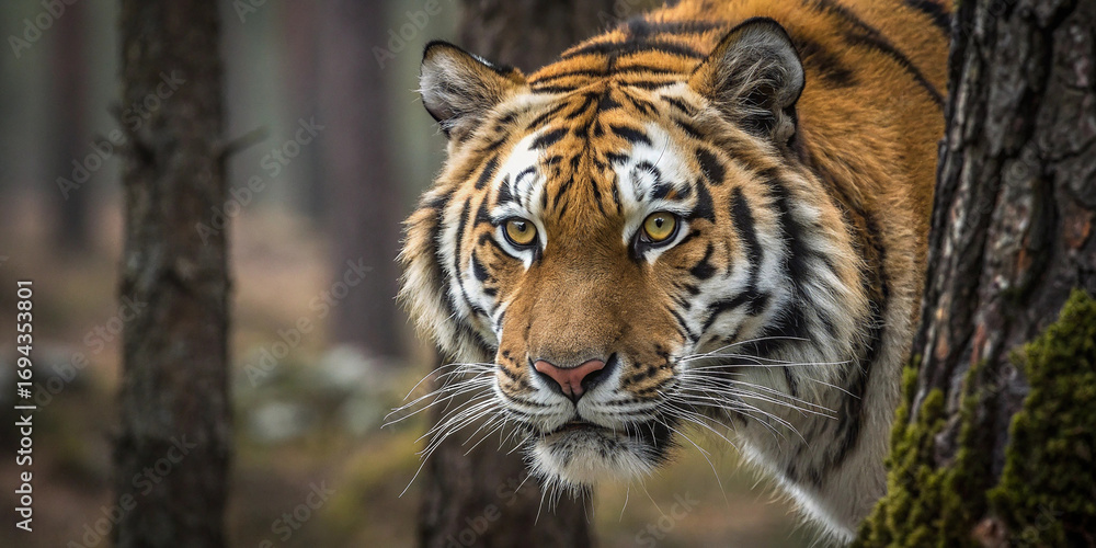 Fototapeta premium Close-up of an Amur tiger’s face, focusing intensely on its piercing golden eyes as they lock directly onto the camera, conveying raw intensity, intelligence, and primal dominance.