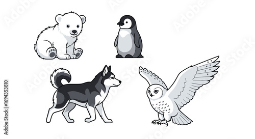 Adorable collection of arctic and Antarctic animals including a polar bear cub husky dog penguin and snowy owl ready for your creative projects, Generative AI.