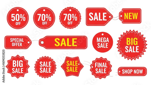 Red Discount Tags Vector Set | Sale Badges, Special Offer Labels and Shopping Icons Collection