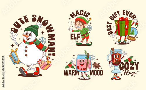 Funny Christmas groovy characters stickers and t shirt prints for winter holiday, vector. Groovy stickers with cartoon snowman and Santa gifts, magic elf and mulled wine with Christmas greeting quotes