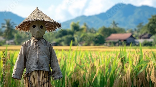 Scarecrow stands in rice field; mountains in distant background. Farm use