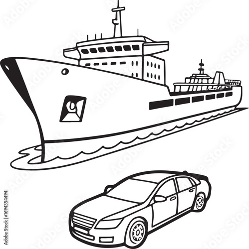 Car Ferry and Cargo Ship Illustration – Maritime Vehicle Transport and Ferry Boat Concept Art