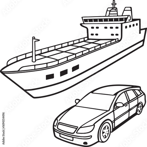 Car Ferry and Cargo Ship Illustration – Maritime Vehicle Transport and Ferry Boat Concept Art