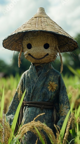 Scarecrow with hat stands in rice field, cloudy sky backdrop