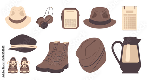 Discover essential travel gear and accessories including hats boots bags and a thermos for your next adventure, Generative AI.