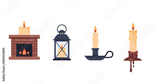 Cozy warm glow from a fireplace lantern and dripping candles creates inviting ambiance for winter nights and rustic decor, Generative AI.