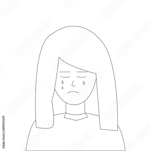 Vector illustration of a girl in white with black outline stroke isolated on white background.Sad girl is crying.People face with feeling, emotion.Tears of depression.