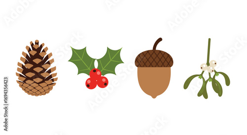 Charming collection of pinecone holly acorn and mistletoe icons perfect for festive holiday and autumn designs, Generative AI.