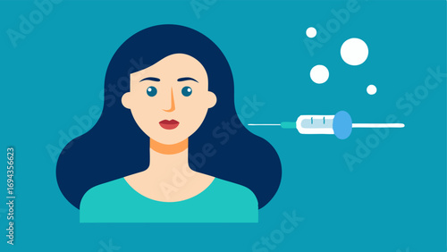Exosome Injection A vector of a syringe filled with exosomes hovering above a womans cheek demonstrating a noninvasive facial treatment.