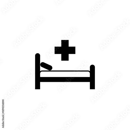 Simple black and white illustration of a hospital bed with a medical cross symbol, representing healthcare and medical care services