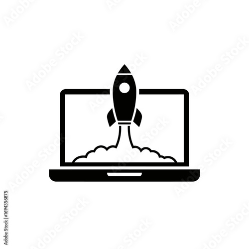 Start-up concept a laptop with a rocket launching from the screen, symbolizing innovation and rapid growth in technology
