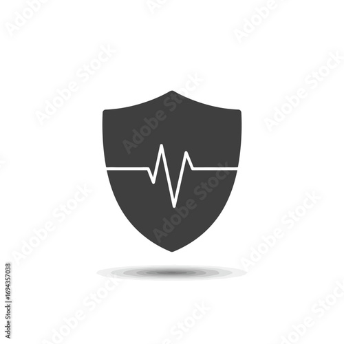 A dark grey shield with a white electrocardiogram line across it, symbolizing protection and health