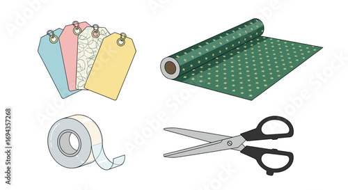 Creative gift wrapping essentials featuring colorful tags patterned paper tape and scissors for festive occasions and DIY projects, Generative AI.