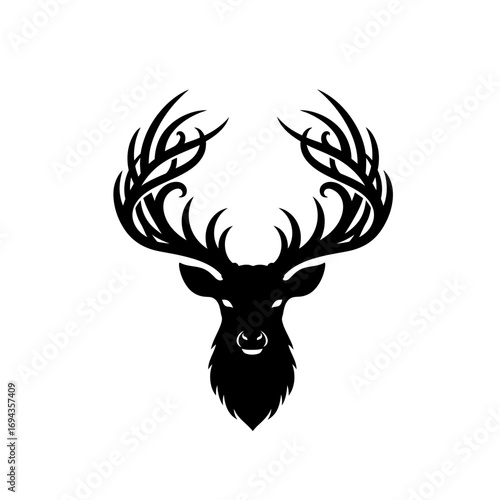 Striking black silhouette of a majestic deer head with elaborate antlers, embodying the powerful concept of wilderness, strength, and untamed natural elegance
