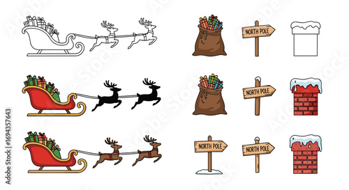Magical Christmas elements like Santa's sleigh reindeer gift sacks North Pole signs and chimneys create festive holiday designs, Generative AI.