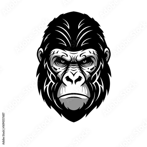 Striking monochrome gorilla head illustration, symbolizing raw power, resilience, and the untamed spirit of the wild, ideal for impactful branding or dynamic graphic design