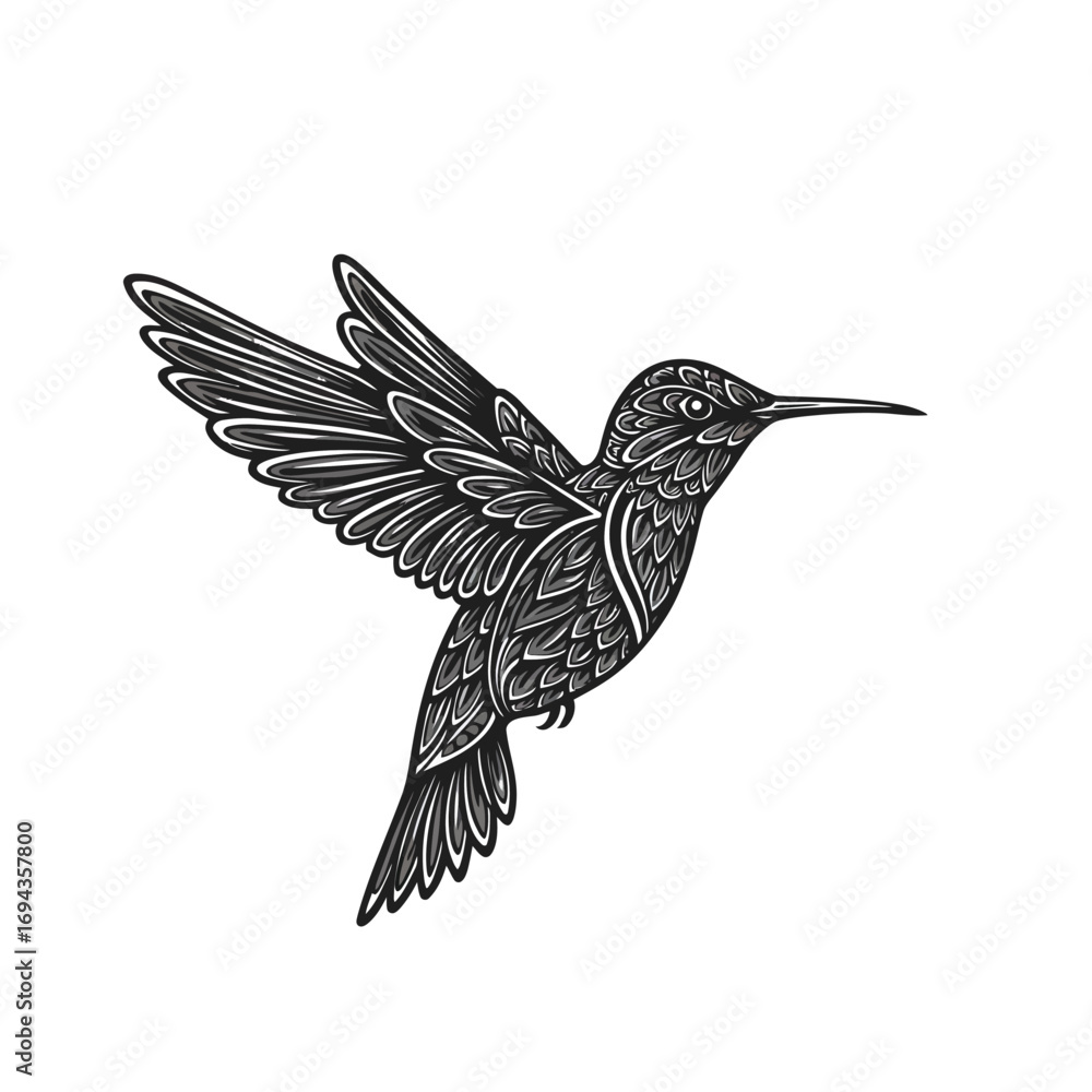 Fototapeta premium Stylized monochrome illustration of a dynamic hummingbird in graceful mid-flight, its delicate wings spread wide, capturing the intricate beauty of this agile avian creature in graphic detail