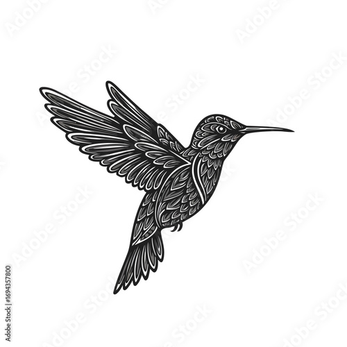 Stylized monochrome illustration of a dynamic hummingbird in graceful mid-flight, its delicate wings spread wide, capturing the intricate beauty of this agile avian creature in graphic detail