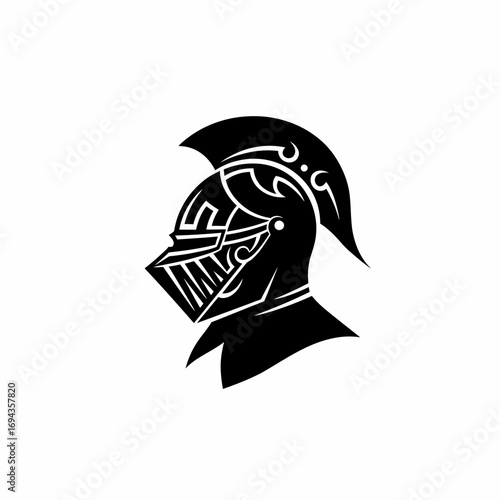 Striking black silhouette of a medieval knight helmet in profile, intricately designed and symbolizing strength, honor, and historical valor, perfect for heraldry or vintage themes