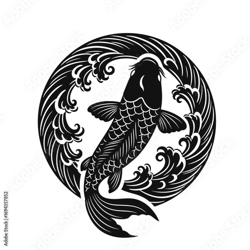 Stylized black koi fish gracefully navigating powerful circular waves, symbolizing perseverance, strength, and good fortune in a striking traditional Asian artistic design