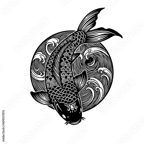 Artistic black and white depiction of a powerful koi fish gracefully navigating turbulent waters, embodying resilience and traditional cultural values through elegant design