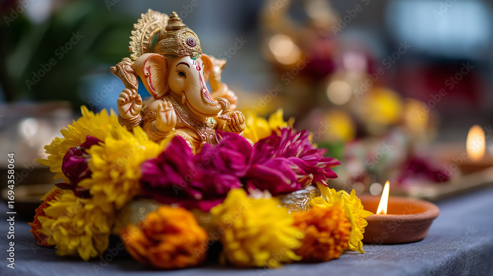 Fototapeta premium A fusion Ganesh Chaturthi celebration with global elements Ganesha idol decorated with international flowers and lights from various cultures fusion festival global Ganesha int