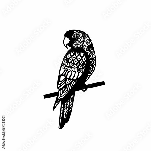 Captivating monochrome illustration of an exotic parrot perched gracefully, adorned with intricate, hand-drawn patterned details, perfect for decorative art or design projects
