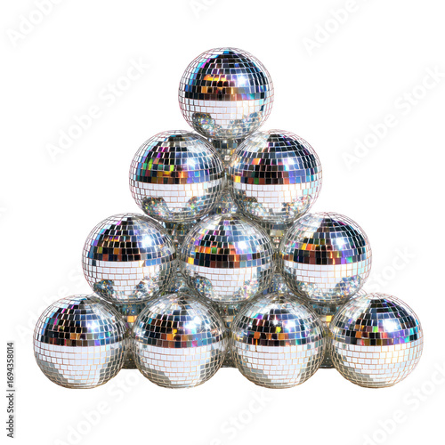 Mini disco balls arranged in a triangle or stacked form on transparent background