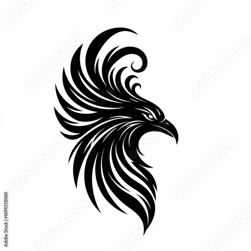 Elegant Black Phoenix Silhouette Emblem with Detailed Feathers - Symbolic Art for Branding and Design