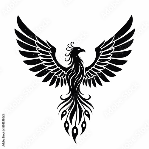 Majestic mythical avian emblem, wings spread wide in a powerful ascent, symbolizing rebirth, eternal strength, and the indomitable spirit of renewal and transformation