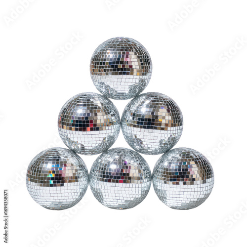 Mini disco balls arranged in a triangle or stacked form on transparent background