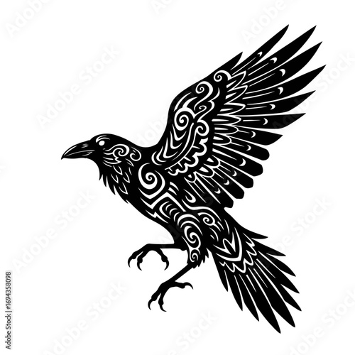 Mystical Raven with Ornate Tribal Tattoo Designs in Flight, Symbolic Bird of Wisdom and Transformation