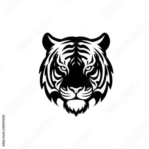 A striking black and white illustration of a fierce tiger's face, showcasing its intense gaze and iconic stripes