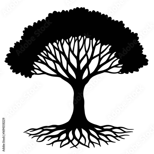 Stylized silhouette of a tree with visible roots, symbolizing growth and connection