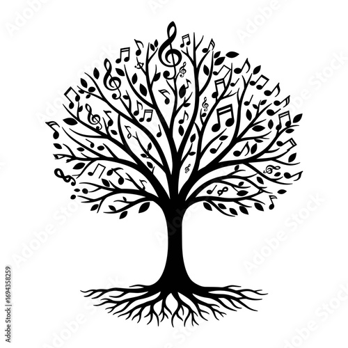 Artistic silhouette of a tree, its branches formed by musical notes and symbols, symbolizing the organic growth and timeless harmony of creative expression