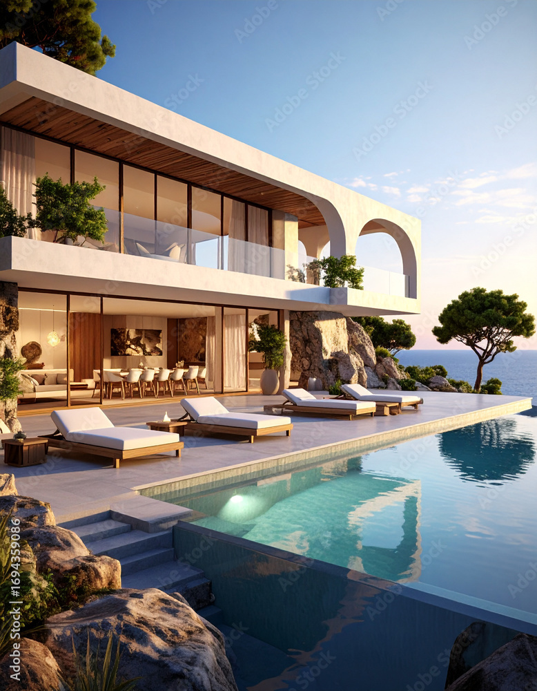 Fototapeta premium Luxury pool villa overlooking the sea ideal vacation retreat modern architecture serene environment captivating view